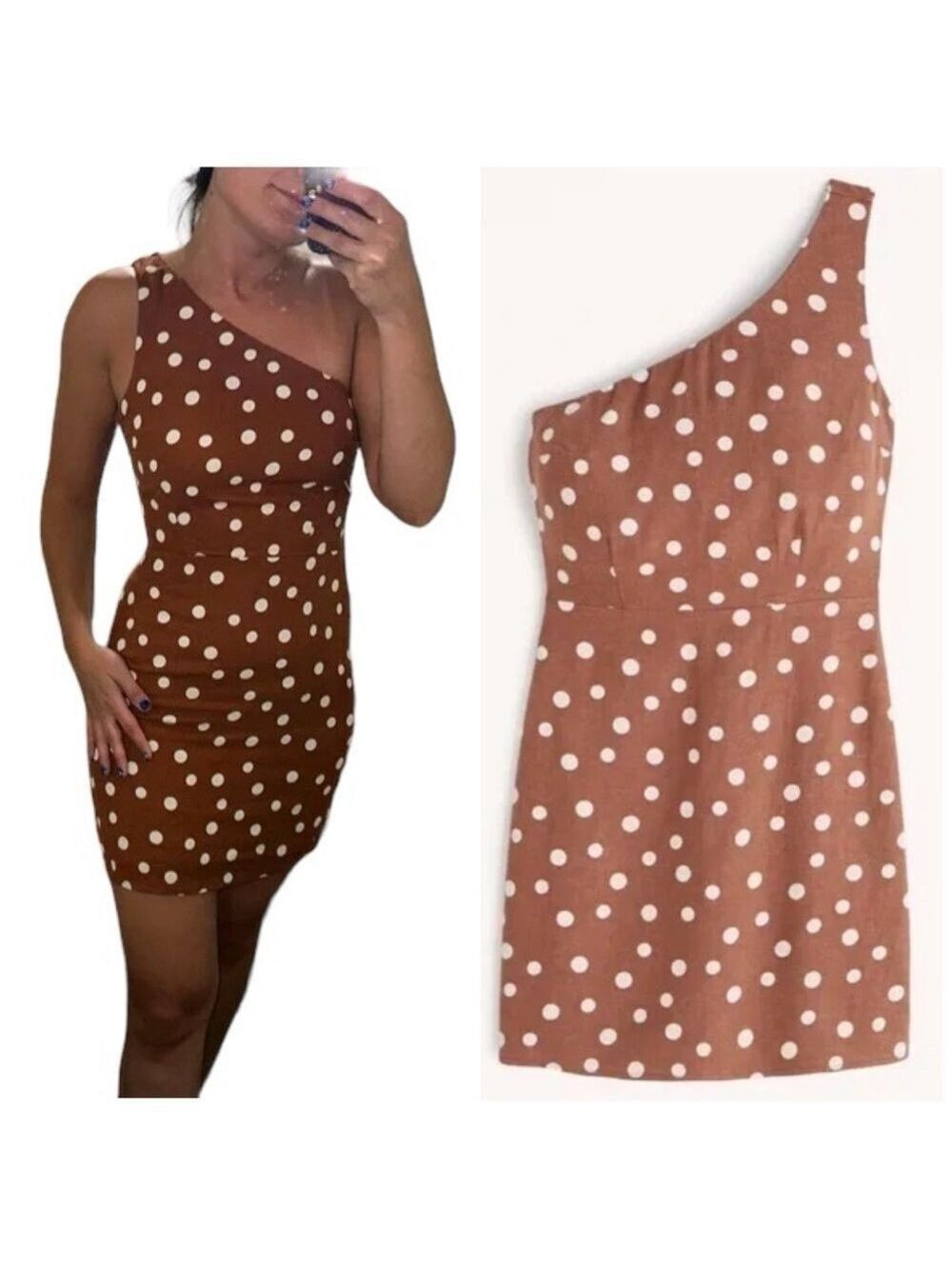 Abercrombie & Fitch One Shoulder Linen Blend Polka Dot Mini Dress
